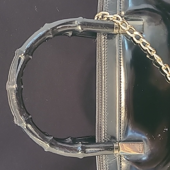 GUCCI VINTAGE BAMBOO HANDLE BLACK PATENT LEATHER HANDBAG SILVER HARDWARE - Picture 9 of 17